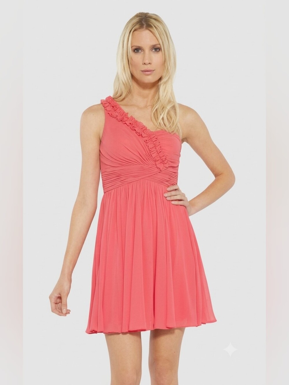 Christina Wu One-Shoulder Coral Ruffle Trim Cocktail Event Romantic Mini Dress